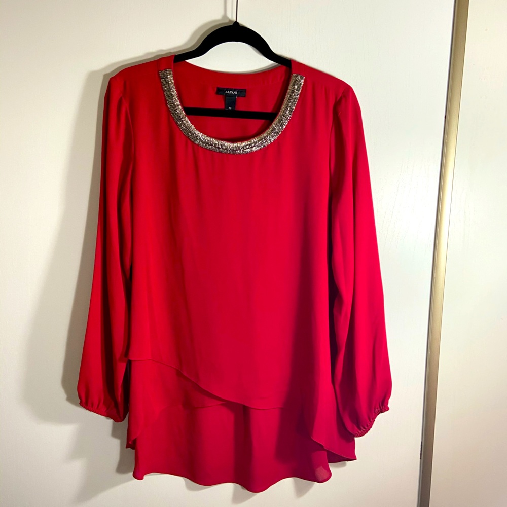 Alfani Sequenced Necklace & Layered Hemline Blouse